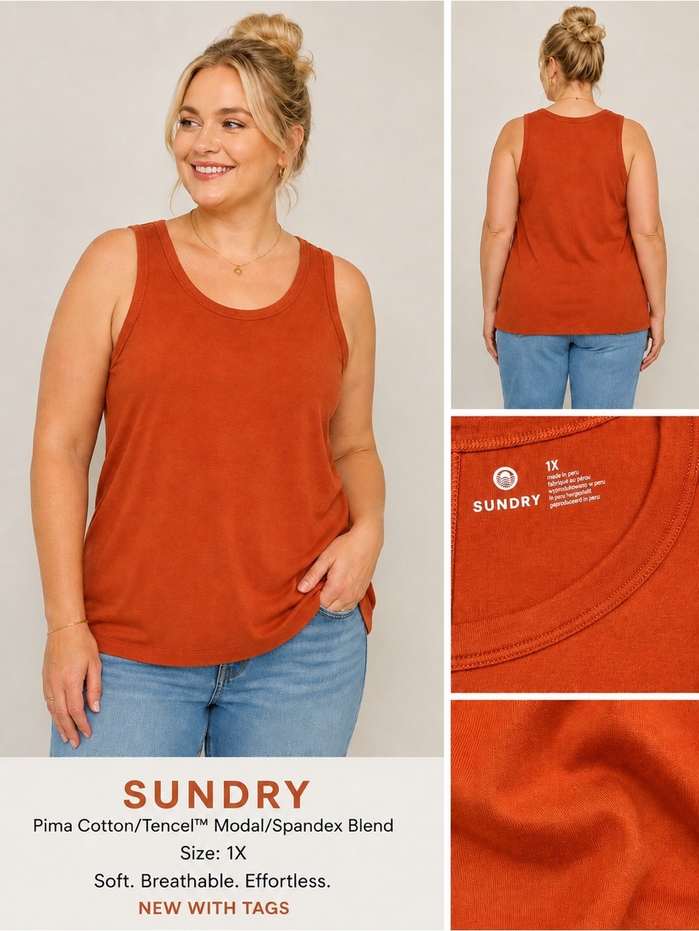 Sundry Rust Orange Pima Cotton Tencel Blend Tank Top 1X NWT Soft Scoop Neck